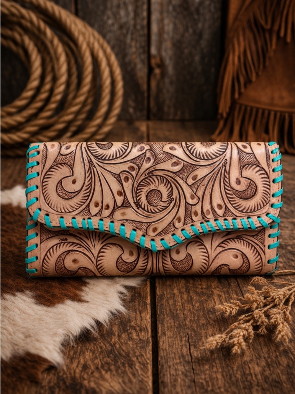 Hand-Tooled Cowhide Wallet with Turquoise Accents - Brown